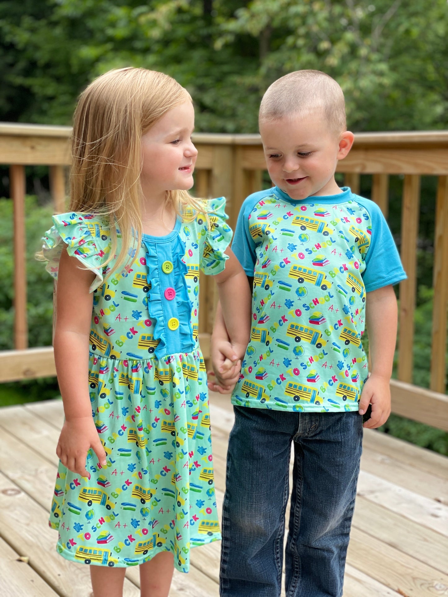 Back to School Yellow Bus Flutter Sleeve Dress