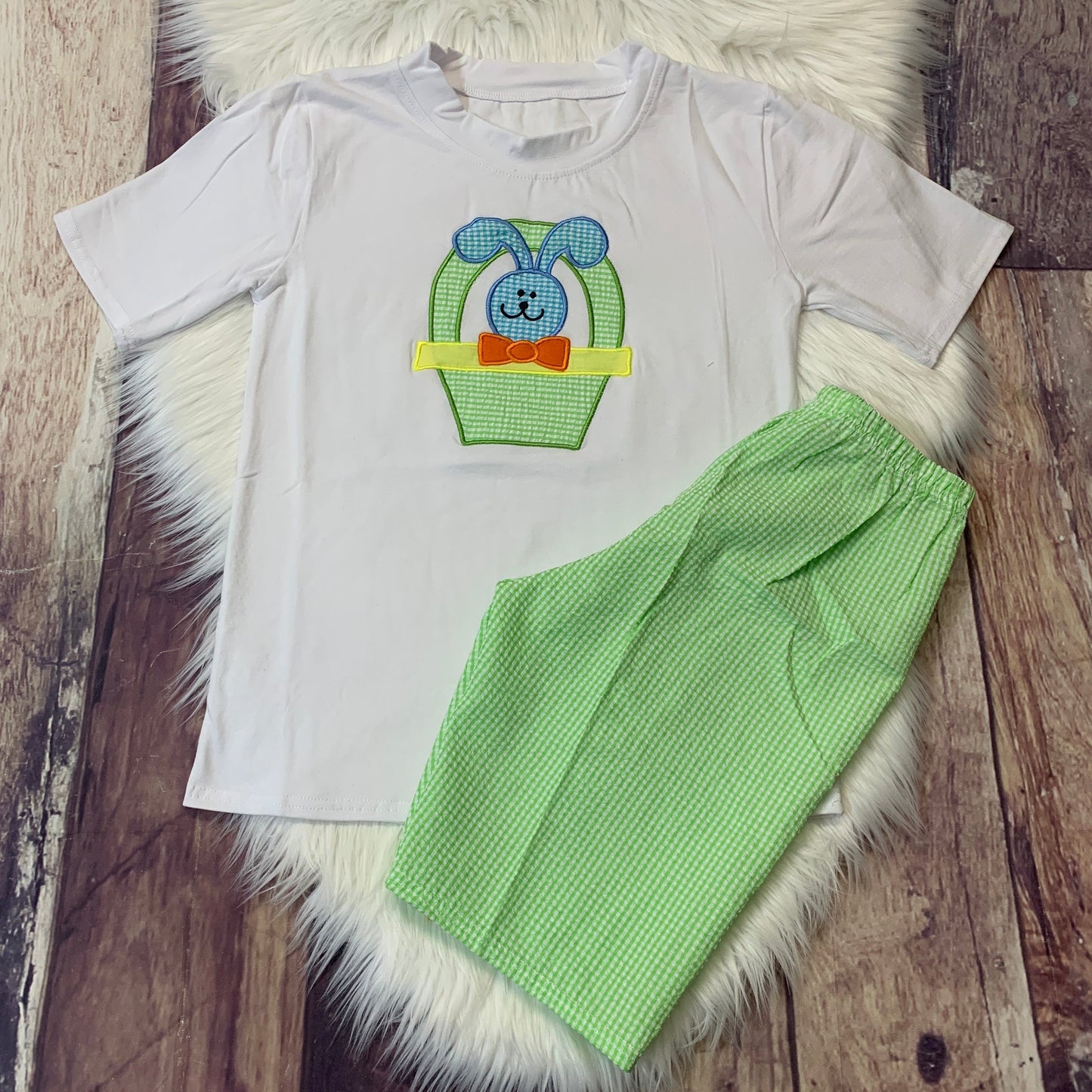 Embroidered Green Basket Blue Easter Bunny and Shorts Set