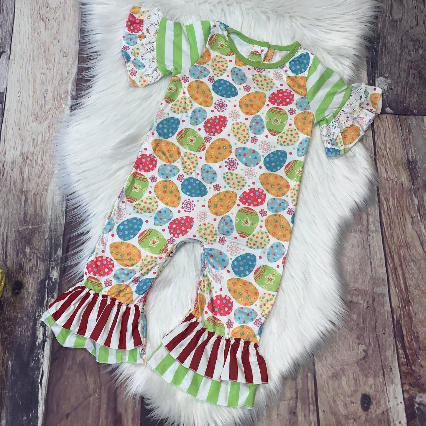 Colorful Easter Eggs Striped Ruffle Romper
