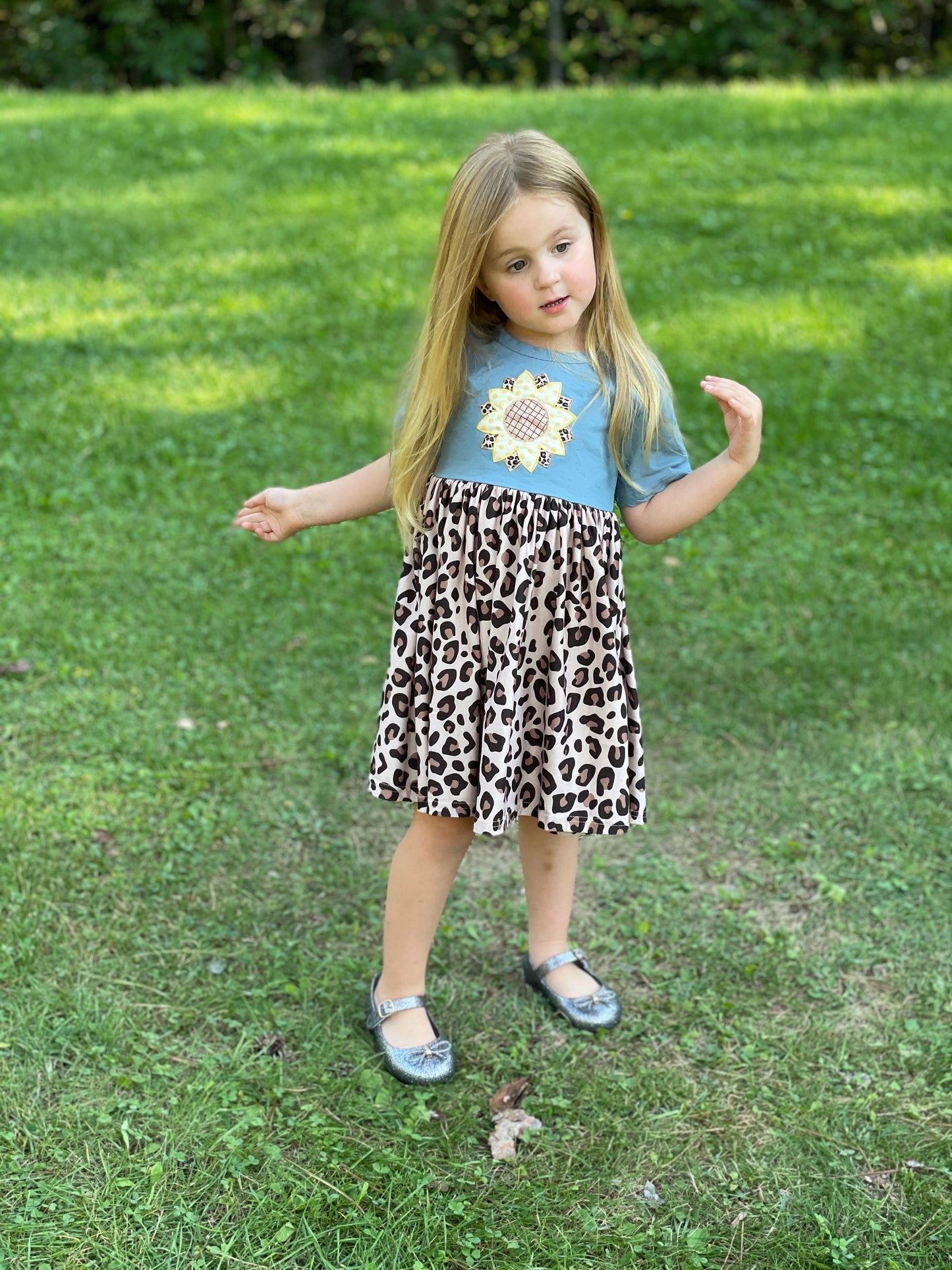 Embroidered Sunflower & Stretch Denim CrissCross Dress