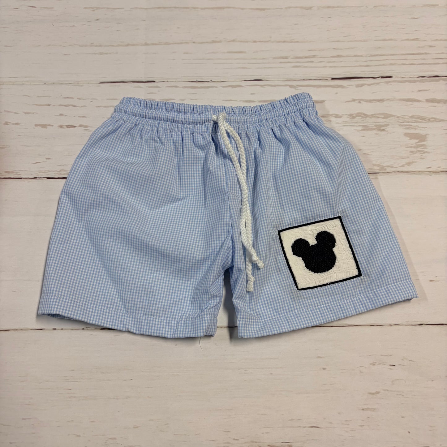 Blue Gingham Mouse Smocked Swim Trunks