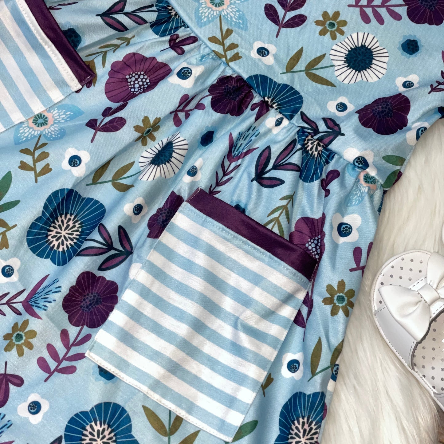 Purple and Blue Floral Printed Pocket Dress