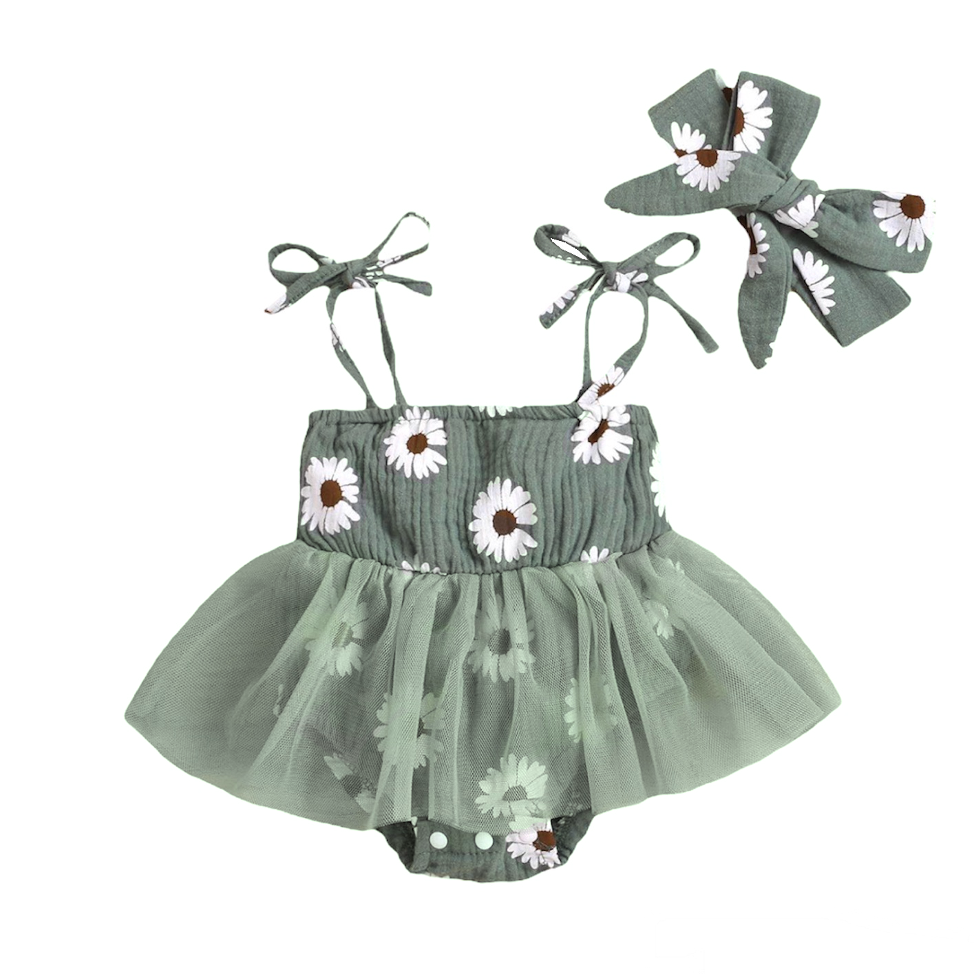 Sage Muslin Daisy Printed Skirted Bubble with Headwrap