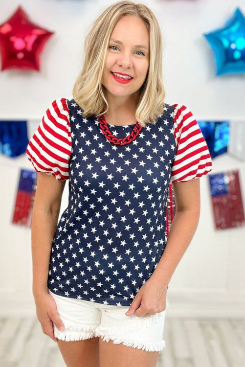 Flag Puff Sleeve Fitted Shirt