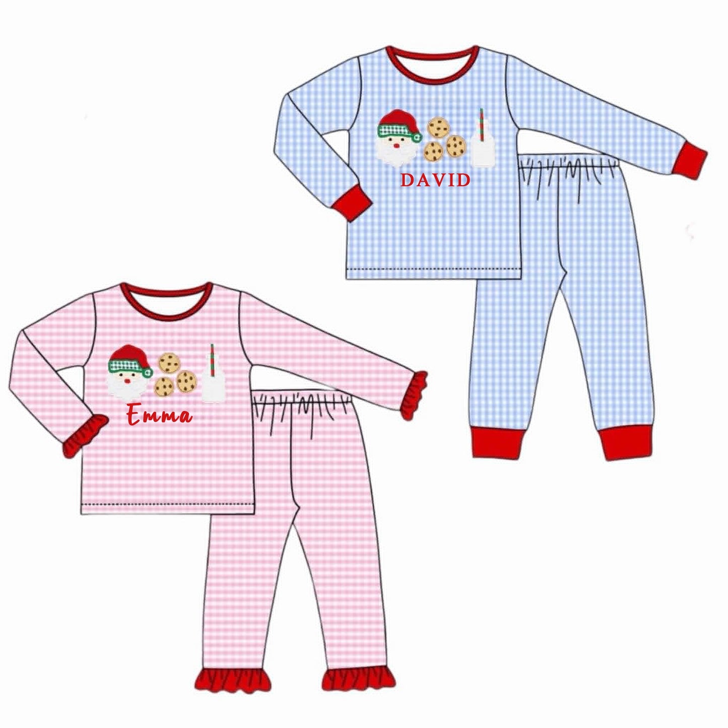 Gingham Santa, Milk, and Cookies Embroidered PJ Sets PERSONALIZED - ETA early September