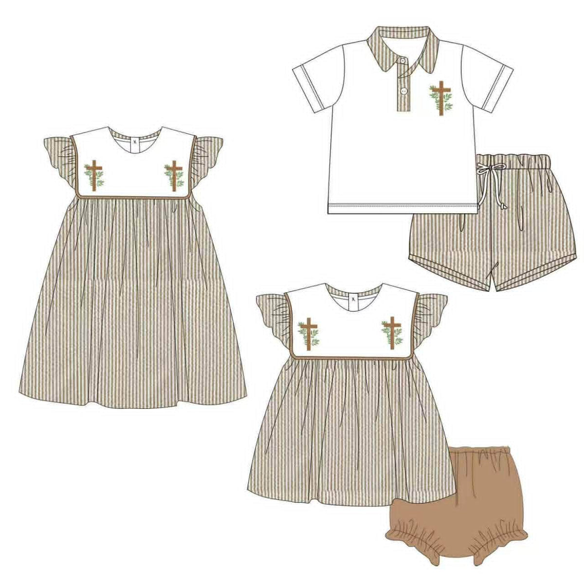 Cross Embroidered Tan Seerucker Collection - ETA late February
