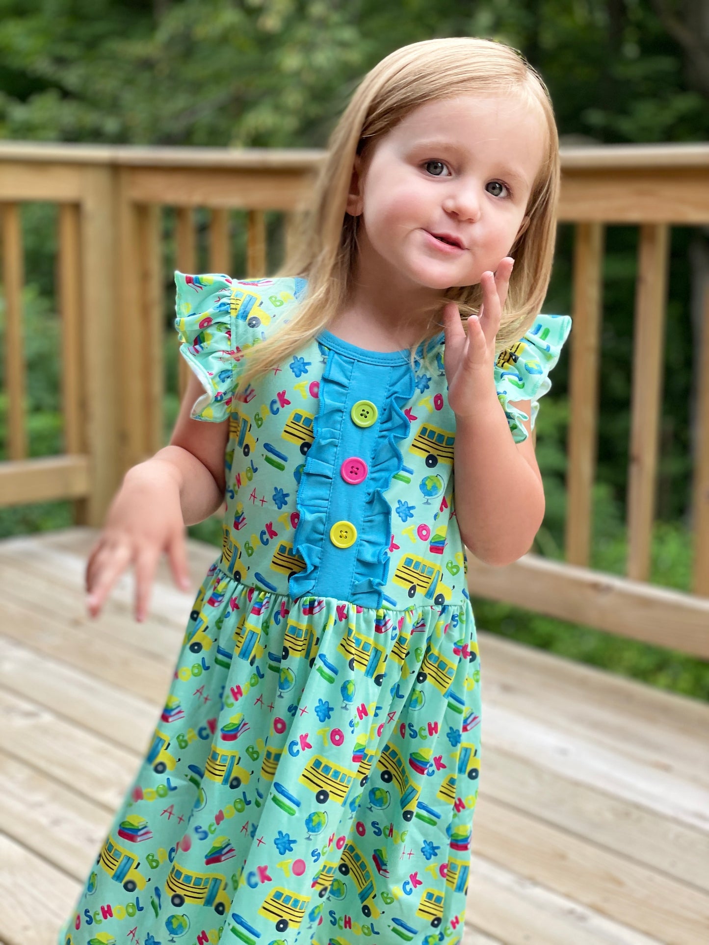 Back to School Yellow Bus Flutter Sleeve Dress