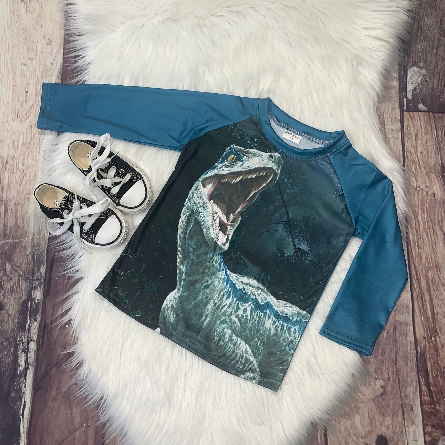 Printed Long Sleeve Dino Raglan - Light Blue