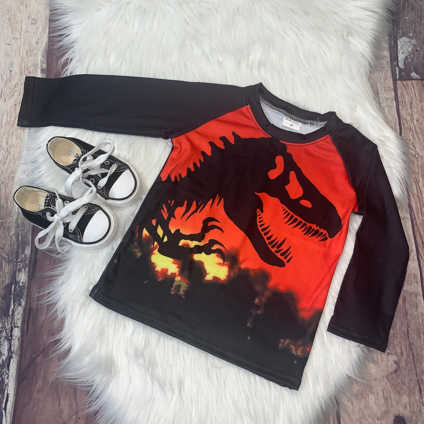 Printed Long Sleeve Dino Raglan - Black