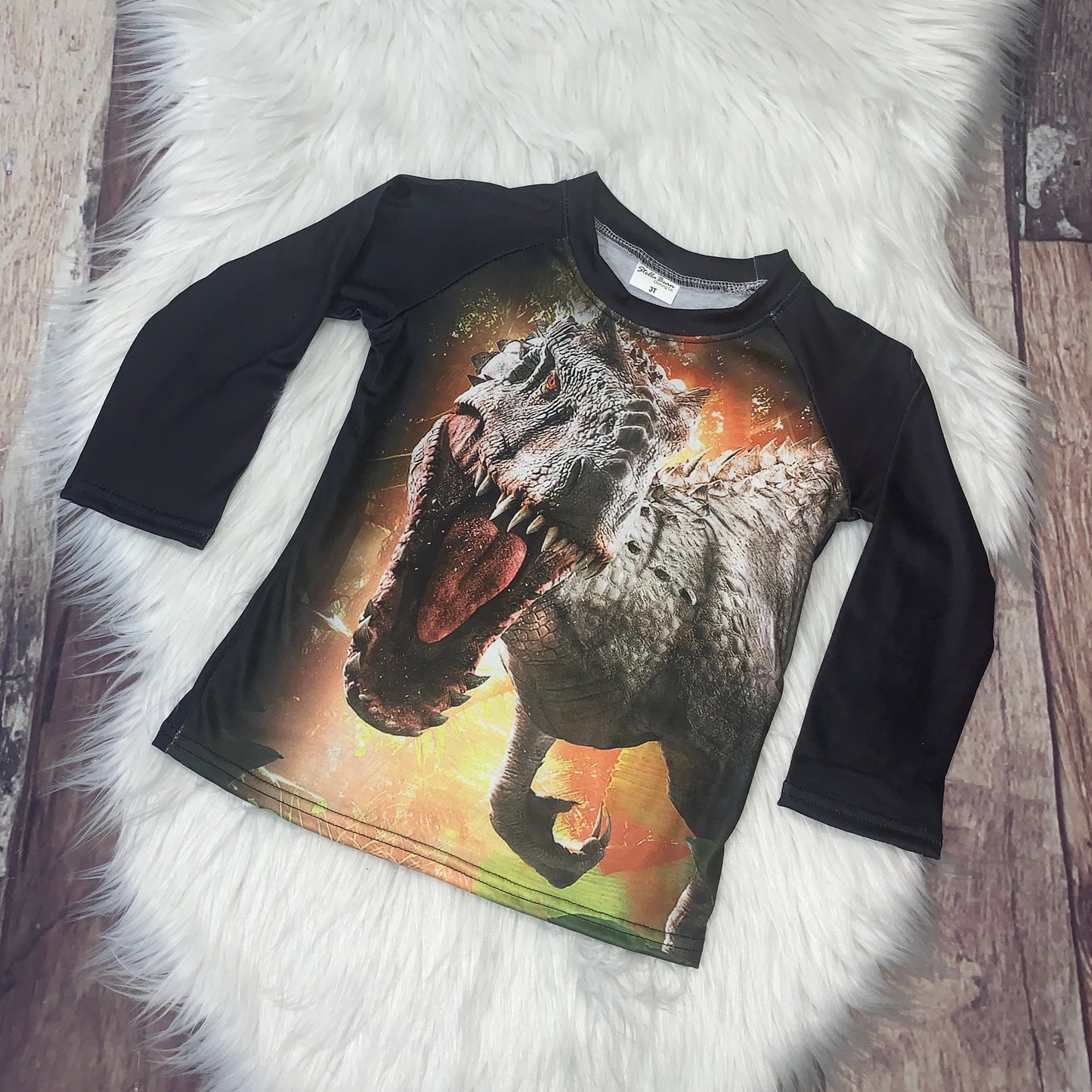 Printed Long Sleeve Dino Raglan - Yellow & Black