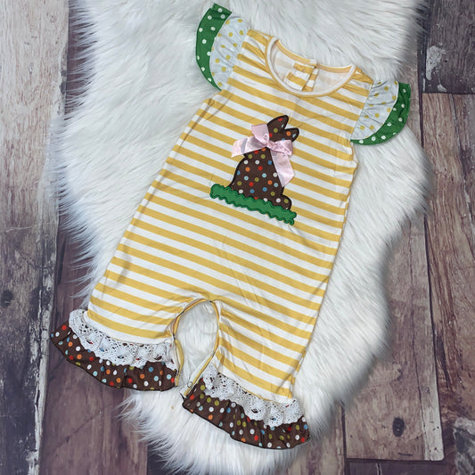 Embroidered Bunny Yellow Striped Ruffle Romper