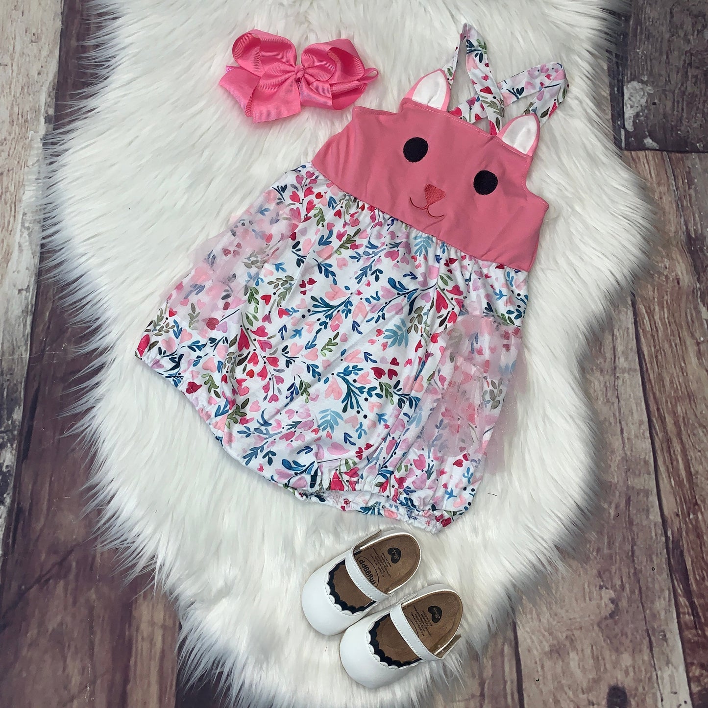 Easter Bunny Floral Pink Tulle Bubble Romper