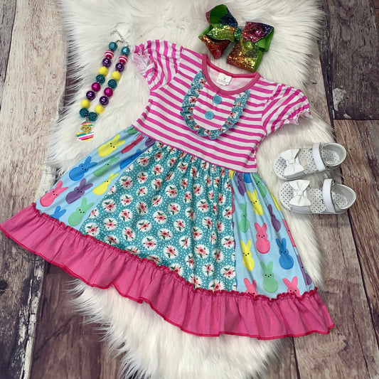 Short Sleeve Bright Color Marshmellow Bunnies Print Ruffle Mid-Twirl Dress
