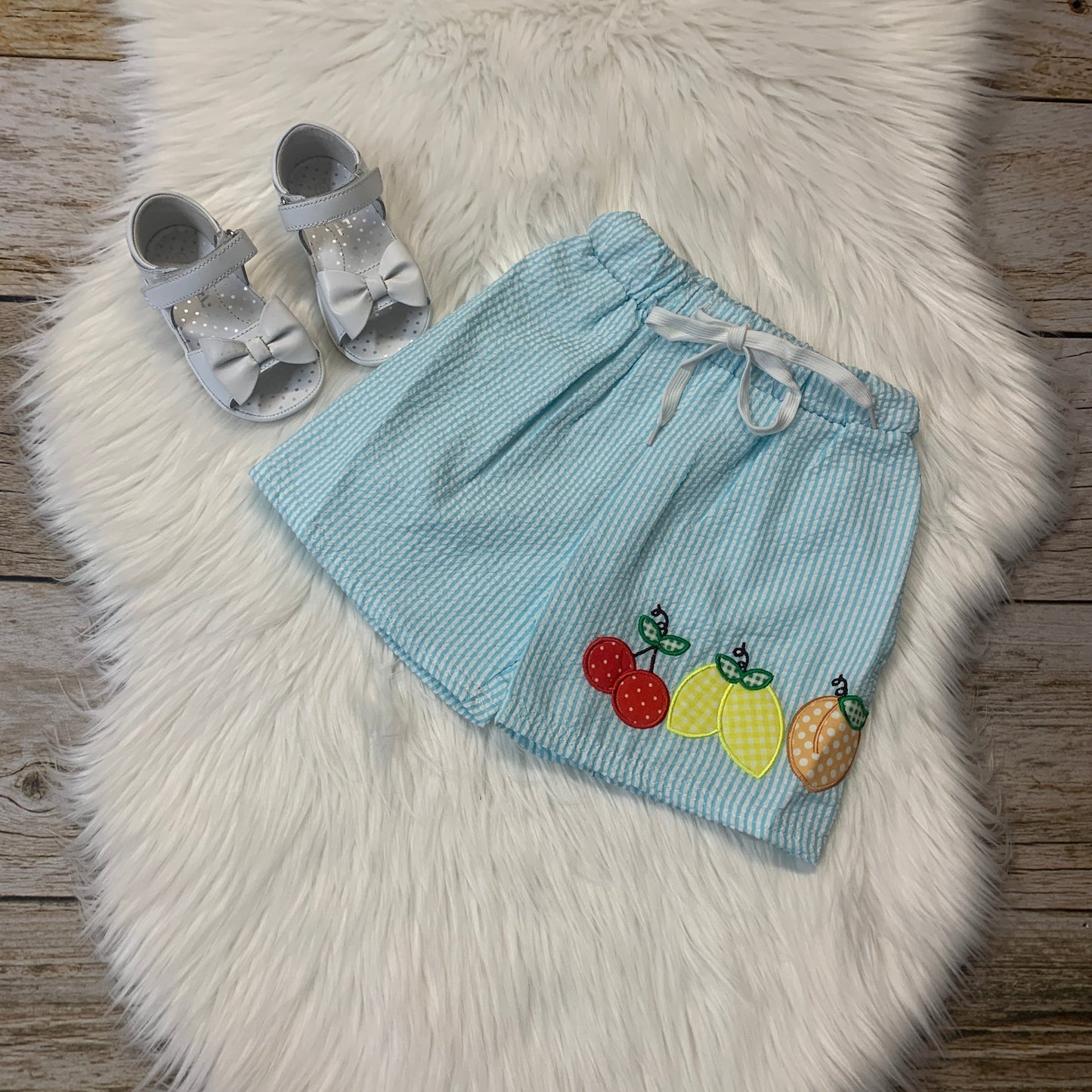 Light Blue Embroidered Fruits Seersucker Shorts