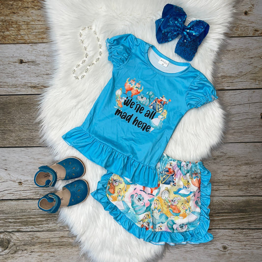 Turquoise Blue "We're all mad here" Wonder Land Ruffle Tee and Shorts Set