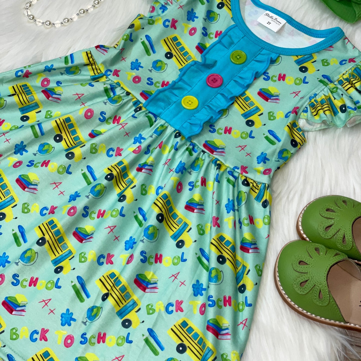 Back to School Yellow Bus Flutter Sleeve Dress