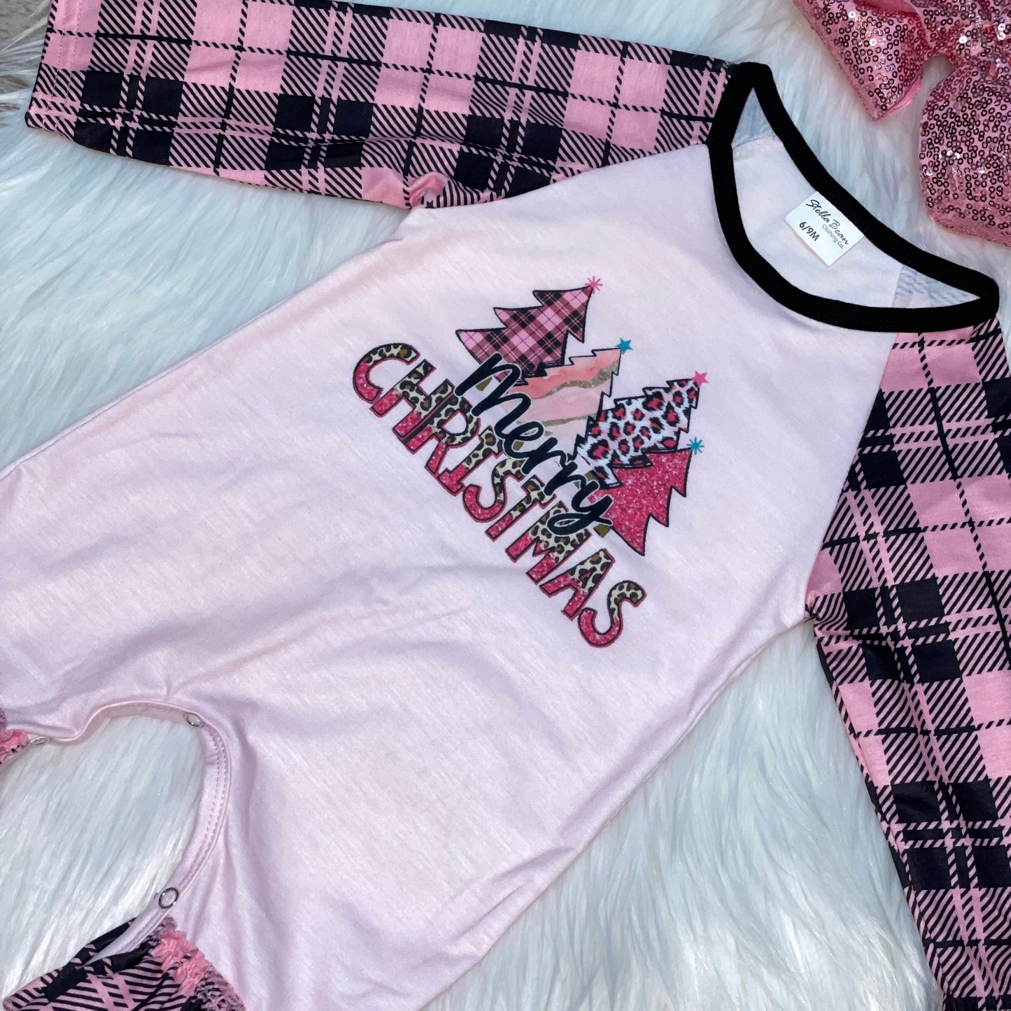 Pink Merry Christmas Plaid Long Sleeve Romper