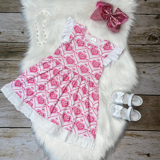 Pink Hearts & Eyelet Trimmed Flutter Sleeve Dress
