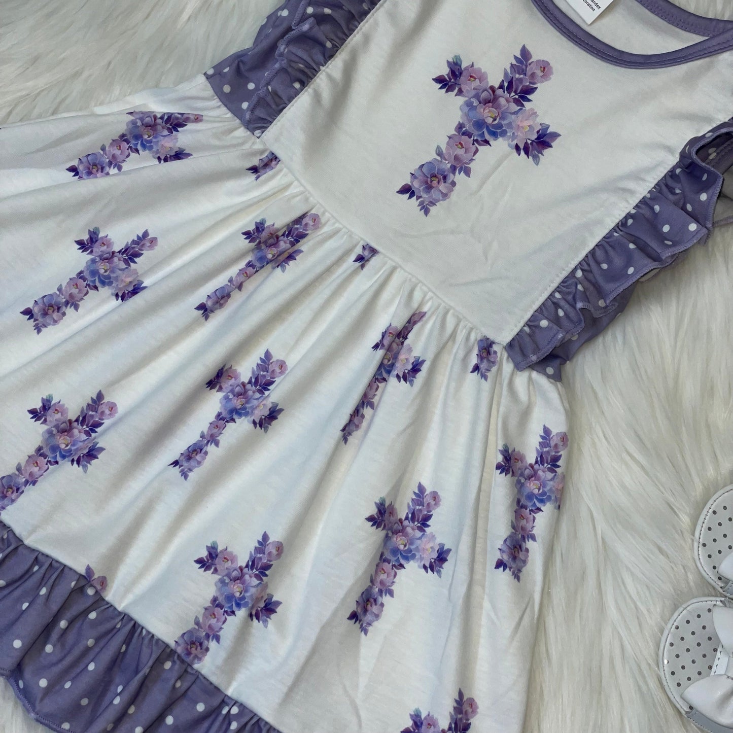 White & Purple Cross Printed Ruffle Sleeve Dress