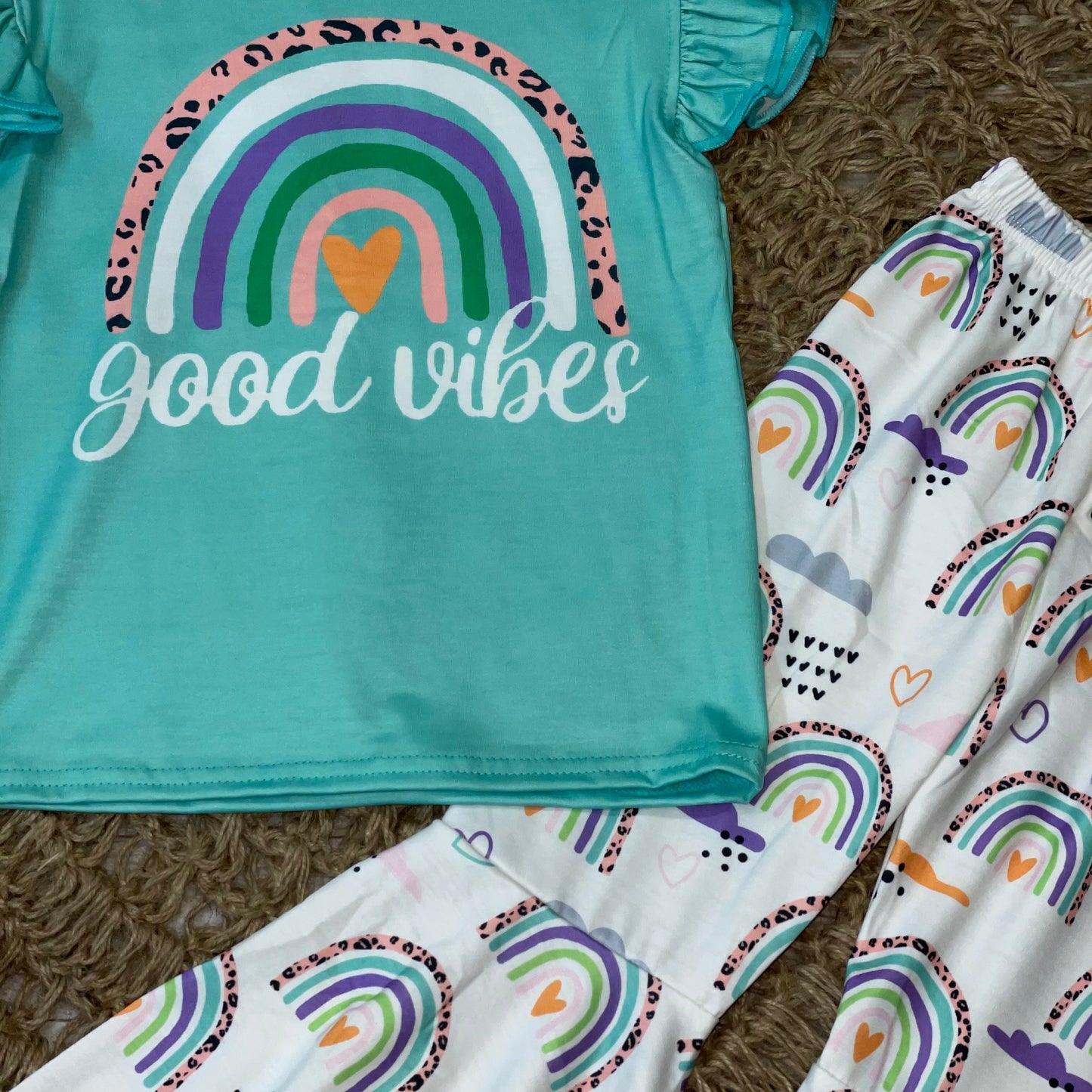 Good Vibes Rainbow Graphic Ruffle Tee and Bell Pants