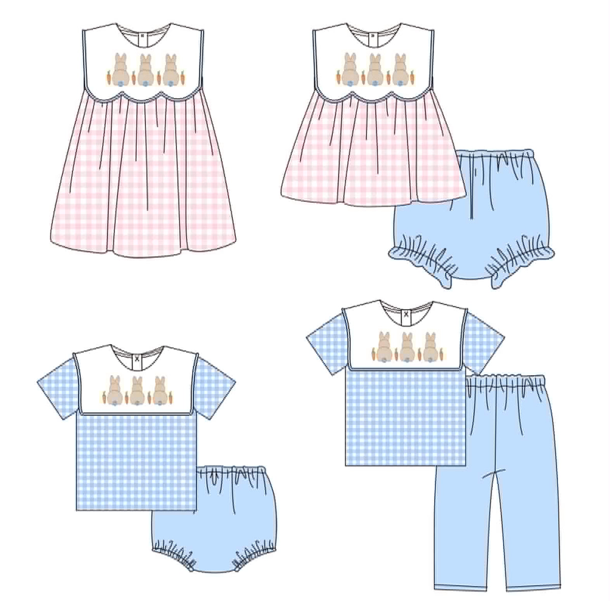 Blue / Pink Gingham Bunnies Embroidered Collection - ETA late February
