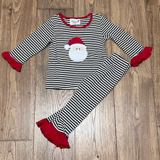 Green Striped Santa Appliqué Girl Pajamas