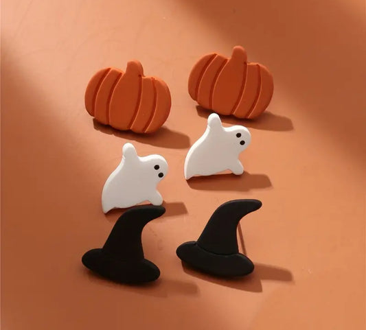 Halloween Earrings Trio: Pumpkin, Ghost, and Witch Hat