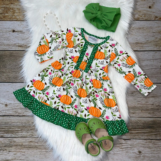 White & Green Pumpkin Printed Long Sleeve Dress