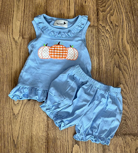 Orange Gingham and Bitty Dot Appliqué Pumpkins Bubble Short Set