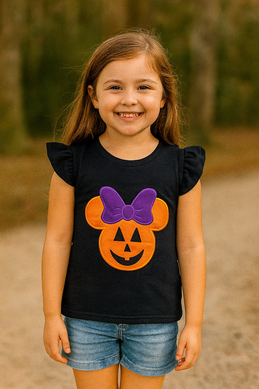 Pumpkin Mouse Appliqué Girl Shirt (Navy)