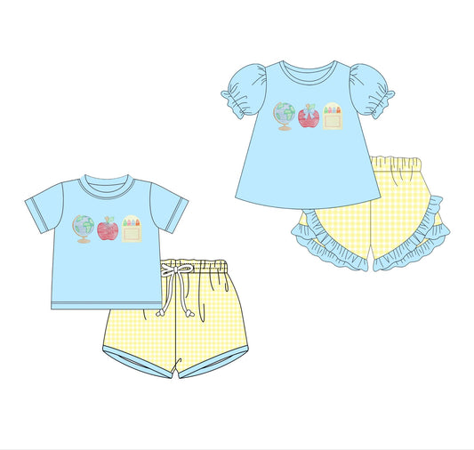 Blue and Yellow Gingham School Trio Embroidered Sets - ETA mid June