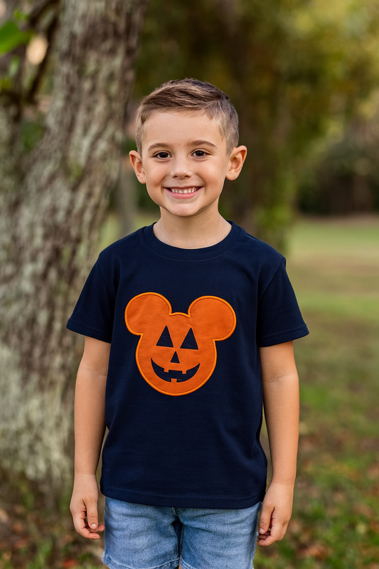 Pumpkin Mouse Appliqué Boy Shirt (Navy)