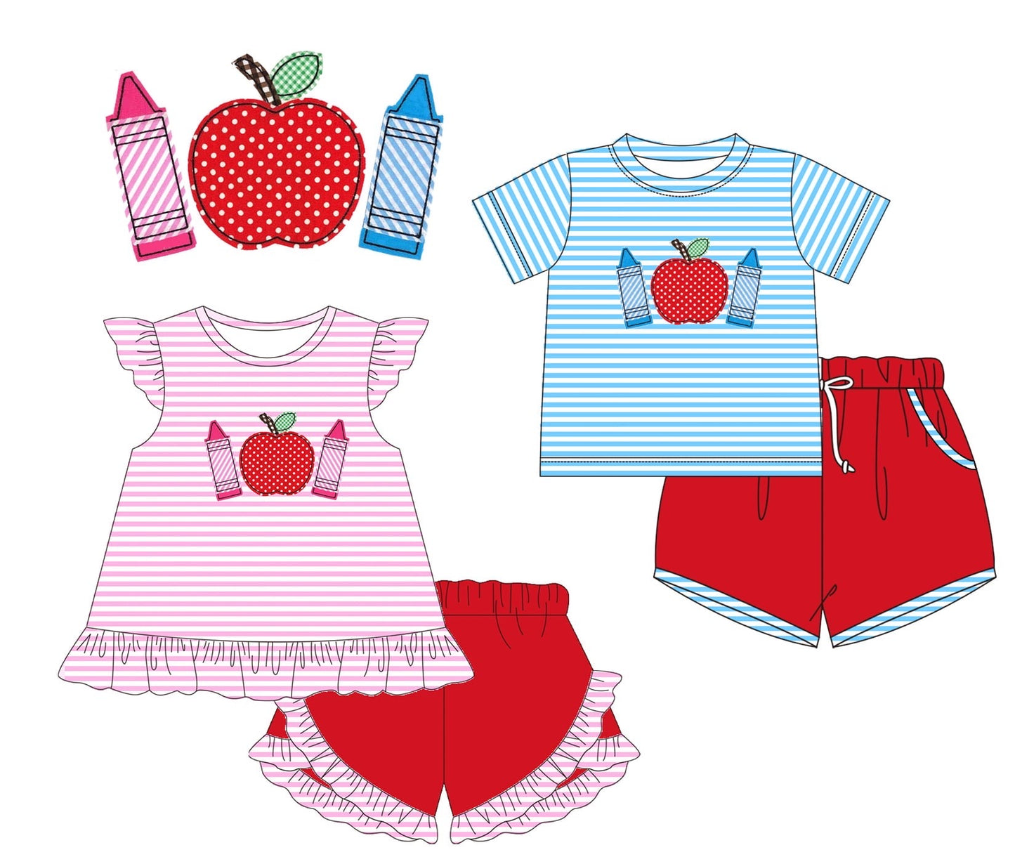 Crayons and Apple Embroidered Sets - ETA mid June