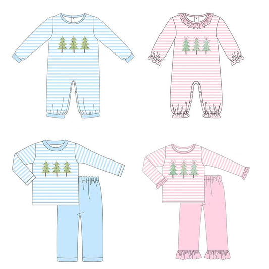 Blue / Pink Striped Christmas Tree Trio Embroidered Collection - ETA early September