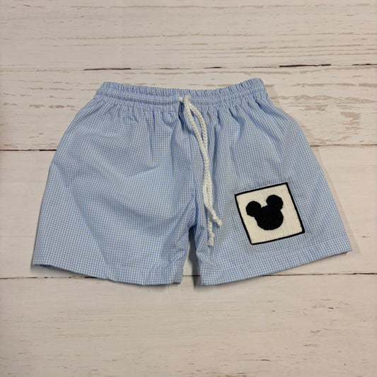 Blue Gingham Mouse Smocked Swim Trunks