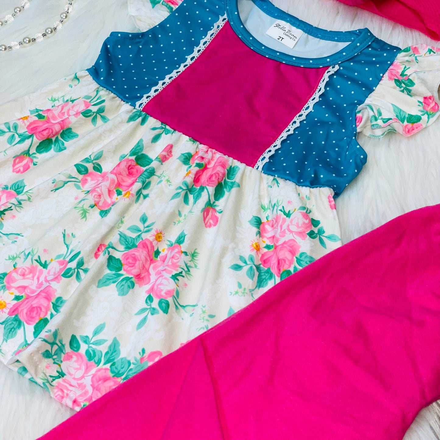 Pink and Turquoise Flutter Sleeve Tunic and Legging Set