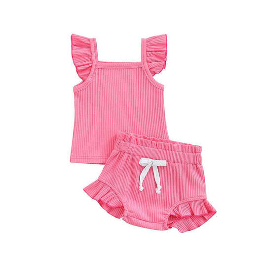 Hot Pink Ribbed Cotton Ruffle Sleeve Tank and Bummie Set