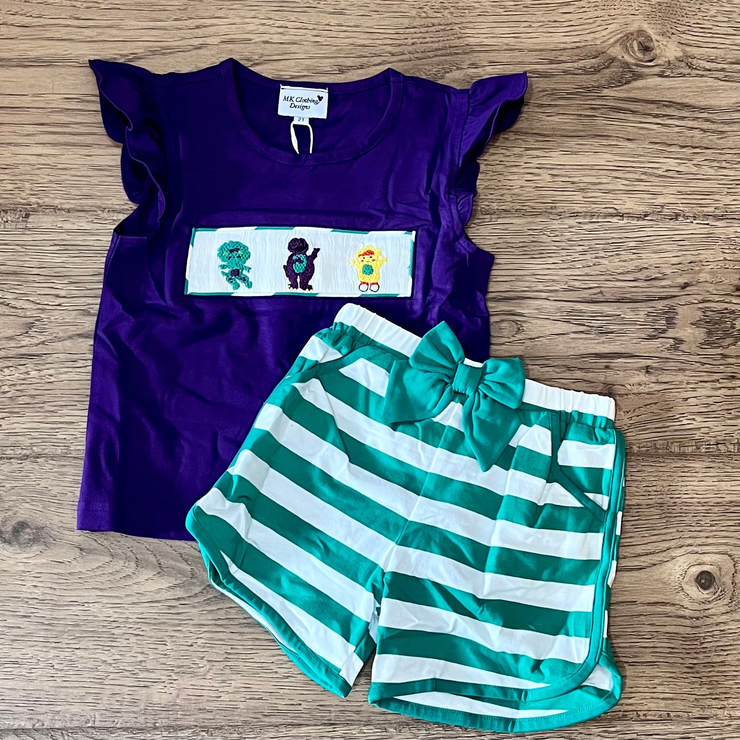 Purple Dinosaur Smocked Girl Short Set PO35